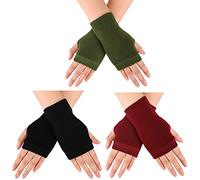 3 Pares Guantes de Conducción sin Dedos de Algodón con Orificio de Pulgar Manoplas de Punto (Negro, Rojo Vino, Verde Militar)
