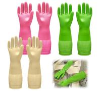 3 Pares Guantes de Limpieza en Látex Natural Reutilizables Antideslizantes e Impermeables Resistente al Aceite Elasticidad Ideales para Cocina, Baño y Jardinería (Rosa + Verde + Amarillo, M)