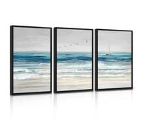 3 Pcs Abstracto Azul Blanco Paisaje Marino Cuadros Decoracion Con Marcos, Minimalista Playa Olas Cuadro y Láminas Naturaleza Costero Gaviota Barco Lienzos Decor Hogar Para Salon Dormitorios 40X60cmx3