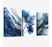 3 Pcs Acuarela Oro Azul Flor de Loto Marco de Madera Cuadro Moderno Abstracto Mármol Azul Marino Lienzo Decorativos Pintura Imagen Cuadros Decoracion Salon Dormitorios Pasillo Baño 30cmx40cmx3