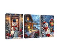 3 Pcs Ambiente navideño Escena invernal Nevada Cuadros Decoracion Salon Muñeco de nieve rojo Cabañas Paisaje Nocturno Pintar Lienzos Decorativos Nevada láminas Dormitorio Comedor Oficina 40x60cmx3