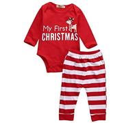 3 PCS Bebé Unisex My First Christmas Navidad Manga Larga Mono Bodies y Ciervo Impresión Pantalones y Sombrero (Rayas Rojas de Reno, 90 (6-12 Meses))