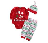 3 PCS Bebé Unisex My First Christmas Navidad Manga Larga Mono Bodies y Ciervo Impresión Pantalones y Sombrero (Copos de Nieve Rojos, 70 (0-3 Meses))