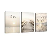 3 Pcs Beige Costa Paisaje Marco de madera Cuadros Decoracion Salon, Juncos Puente Gaviotas Mar Paisaje Cuadros Pintura Lienzos decorativos Dormitorio Comedor Decoración de Pared Colgar 30x40cmx3 Pcs