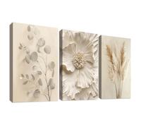 3 Pcs Beige Flor Hierba de la Pampa Marco de Madera Cuadro Moderno Hoja de Eucalipto Crema Lienzo Decorativos Pintura Imagen Minimalista Floral Cuadros Decoracion Salon Dormitorios 40cmx60cmx3