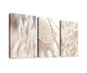 3 Pcs Beige Hierba de la Pampa Marco de Madera Cuadro Moderno Atrapasueños Botánico Aliento de Bebé Lienzo Decorativos Pintura Imagen Cuadros Decoracion Salon Dormitorios Pasillo Baño 40cmx60cmx3