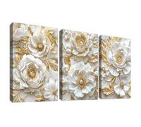 3 Pcs Beige Oro 3D Peonias Flores Marco de Madera Cuadro Moderno Lienzo Decorativos Pintura Camafeo Blanco Floral de Lujo Imagen Cuadros Decoracion Salon Dormitorios Pasillo Baño 50cmx70cmx3