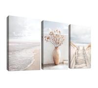 3 Pcs Camino a la Playa Marco de Madera Cuadro Moderno Paisaje Marino Beige Lienzo Decorativos Pintura Imagen Paisaje Costero Cuadros Decoracion Salon Dormitorios Comedor Baño Pasillo 50cmx70cmx3