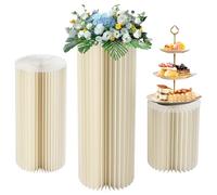 3 PCS Cilindro Pedestal Stand Elegant White Cardboard Cylinder Cylinder Cylinder Cilindro de torta de boda reutilizable Plegado con tapa acrílica para aniversario, pantallas de Navidad 15/11/19 en di