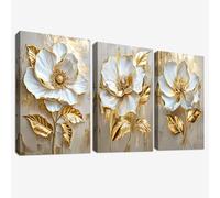3 Pcs Marco de Madera Cuadro Moderno Flores de Peonía Blanca de Lujo Lienzo Decorativos Gris Hojas de Oro Floral Pintura Imagen Cuadros Decoracion Salon Dormitorios Pasillo Baño 40cmx60cmx3