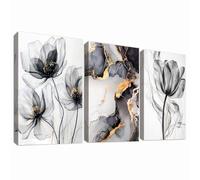 3 Pcs Marco de Madera Cuadro Moderno Lienzo Decorativos Pintura Mármol Negro Oro Abstracto Imagen Acuarela Amapola Flores Cuadros Decoracion Salon Dormitorios Pasillo Decoracion Pared 30cmx40cmx3