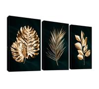 3 Pcs Marco de Madera Hojas de Oro Cuadro Moderno Lienzo Decorativos Pintura Imagen Verde Hojas de Palma de Monstruo Tropical Cuadros Decoracion Salon Dormitorios Pasillo Decoracion Pared 40cmx60cmx3
