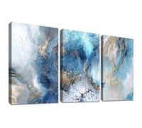 3 Pcs Oro Azul Océano Marco de Madera Cuadro Modernos Lienzo Decorativos Pintura Poster Imagen Resumen Ola de Mar Cuadros Decorativos Salon Dormitorio Baño Comedor Oficina Pasillo 50cmx70cmx3