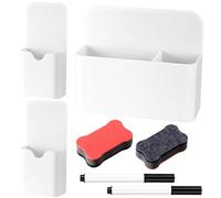 3 Pcs Portalápices Magnético, Portalapices Magnetico, Soporte para Bolígrafos Magnético Organizador para Refrigerador Hogar Oficina, con 2 Borrador Pizarra Blanca y 2 Bolígrafos(2 Tamaños, Blanco)