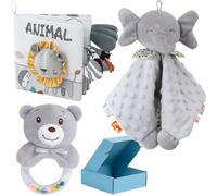 3 PCS Set Regalo Bebé Recién Nacido Niño y Niña, Manta Doudou Bebé y Peluche + Libro Bebé Sensorial Texturas Blando + Sonajero Bebé, Regalo Bebé Recién Nacido 0 6 12 Meses Original (Pack 3 Productos)