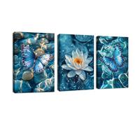 3 Pcs Zen Piedras Blanco Loto Flor Modernos Cuadros Decorativos Azul Loto Flor Mariposa Cuadros Agua Lirio Estanque Lienzo Cuadros Decorativos Salón Dormitorio de Pared Spa Yoga Habitación 40x60cmx3