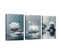 3 Pcs Zen Piedras Blanco Loto Flor Modernos Cuadros Decorativos Azul Loto Flor Mariposa Cuadros Agua Lirio Estanque Lienzo Cuadros Decorativos Salón Dormitorio de Pared Spa Yoga Habitación 40x60cmx3
