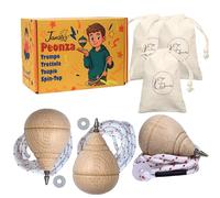 3 Peonzas Niños + Cuerda Peonza +Arandelas+Bolsas | Peonza Madera Set |Trompo de Madera Tradicional |Regalo Navidad Originales |Juguetes educativos 6 años |Set de 3 Punta boli y Accesorios completos