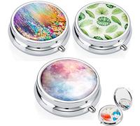 3 pezzi donne metallo Pill Box Round, Ladies piccolo Pill Box 3 scomparti viaggio portatile in acciaio inox Pill Box Vintage Pattern con specchio vitamine medicina Tablet Organizzatore caso