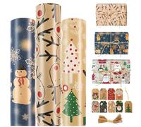 3 Pezzo Papel Regalo Navidad, Rollos De Papel De Regalo Navideño Con Etiquetas Papels de Regalos Navideno Reciclable Papels de Regalos Kraft Navidad para Navideno Año Nuevo Fiesta