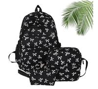 3 Piece Bow Backpack for Girls, Bow Design Backpack Set with Matching Satchel & Mini Purse, Nylon Rucksack Kawaii School Bags Floral Preppy Backpacks for Teen, Primary, Secondary and College (E)