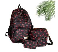3 Piece Bow Backpack for Girls, Bow Design Backpack Set with Matching Satchel & Mini Purse, Nylon Rucksack Kawaii School Bags Floral Preppy Backpacks for Teen, Primary, Secondary and College (F)