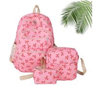 3 Piece Bow Backpack for Girls, Bow Design Backpack Set with Matching Satchel & Mini Purse, Nylon Rucksack Kawaii School Bags Floral Preppy Backpacks for Teen, Primary, Secondary and College (D)