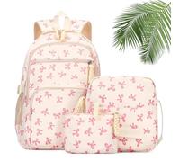 3 Piece Bow Backpack for Girls, Bow Design Backpack Set with Matching Satchel & Mini Purse, Nylon Rucksack Kawaii School Bags Floral Preppy Backpacks for Teen, Primary, Secondary and College (B)
