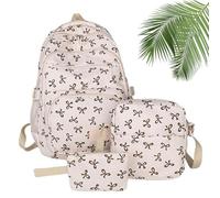 3 Piece Bow Backpack for Girls, Bow Design Backpack Set with Matching Satchel & Mini Purse, Nylon Rucksack Kawaii School Bags Floral Preppy Backpacks for Teen, Primary, Secondary and College (C)