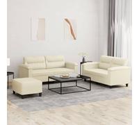 3 Piece Cream Synthetic Leather Sofa Set with Cushions and Ottoman, Modern Living Room Furniture for Small Spaces, Durable Faux Leather 2 Seater Couches with Footrest, Easy Assembly Home Decor