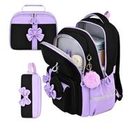 3-Piece Girls Backpack Set - 18" Bow School Bag with Lunch & Pencil Case