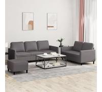 3 Piece Grey Synthetic Leather Sofa Set with Cushions, Modern Living Room Furniture for Small Spaces, Comfortable Sectional Couch with Ottoman