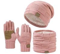 3 Piece Set Winter Warm Knit Beanie Hat Cap and Scarf Gloves, Wind-Resistant Exterior Knit,Fleece-Lined Thermal Accessories (Pink,One size)
