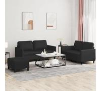 3 Piece Sofa Set with Cushions Black Synthetic Leather Living Room Furniture for Small Spaces, Comfortable Seating with Ottoman, Modern Design Home Decor