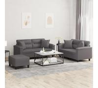 3-Piece Synthetic Leather Sofa Set with Cushions, Gray Modern Living Room Furniture for Small Spaces, Comfortable Seating with Ottoman and Pillows