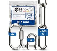 3 piezas 50 cm = 0,5 metros Cadena de extensión de acero inoxidable de 3 mm de espesor, carga máxima de rotura 350 kg, con grillete de conexión por tornillo V4A, juego de fijación, hamaca