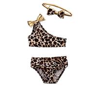 3 Piezas Bañador Bebé Niña Bikini de Estampado Leopardo para Niña Pequeña 3 Pcs Traje de Baño para Playa Piscina Top Chaleco de Un Hombro con Bowknot + Braguita + Diadema (Marrón, 12-24 Meses)