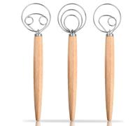 3 Piezas Batidor de Masa, Batidora Danesa, Atidora Manual Danés 33.3cm, Batidor de Pan Holandés, Batidor de Huevo Amasadora Manual con Mango de Madera para Hornear Pan Masa