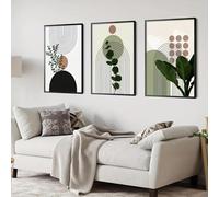 3 piezas Boho Abstracto Plantas Verdes Hoja Jarrón Sol Líneas Arte de Pared Lienzo Pintura Pósteres e Impresiones Imágenes para Decoración de Sala de Estar 21x35cm (8x14in) x3 con marco