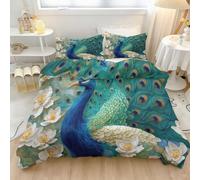 3 Piezas Cama de Microfibra Funda nórdica 180x220cm, Incluye 1 Funda de edredón de y 2 Funda de Almohada, Estampado de Pintura Al Óleo Pavo Real Flores,Juego de Cama Reversible,Azul