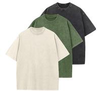 3 Piezas Camiseta Oversize Hombre, Relaxed Fit Camiseta Algodon Hombre, Wash Solid Vintage Básica de Manga Corta(Verde Militar+Beige+Negro M)