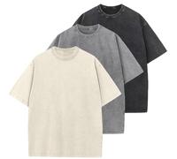 3 Piezas Camiseta Oversize Hombre, Relaxed Fit Camiseta Algodon Hombre, Wash Solid Vintage Básica de Manga Corta(Gris+Beige+Negro 2XL)