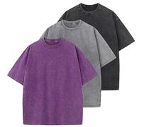 3 Piezas Camiseta Oversize Hombre, Relaxed Fit Camiseta Algodon Hombre, Wash Solid Vintage Básica de Manga Corta(Morado+Gris+Negro L)