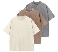 3 Piezas Camiseta Oversize Hombre, Relaxed Fit Camiseta Algodon Hombre, Wash Solid Vintage Básica de Manga Corta(Beige+café+Gris 2XL)