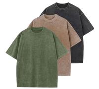 3 Piezas Camiseta Oversize Hombre, Relaxed Fit Camiseta Algodon Hombre, Wash Solid Vintage Básica de Manga Corta(Negro+café+Verde Militar XL)