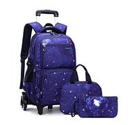 3 piezas cielo estrellado niños mochila rodante escuela primaria bolsa de libros con ruedas primaria estudiantes daypack trolley bolsa para adolescentes, Deep Blue Starry Sky-3pcs Mochila rodante, 6 Wheels, Mochilas