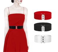 3 Piezas Cinturón de Hebilla Elástica Ancha para Mujer Moda Cintura Señora Cinturón Ancho Cinturones para Vestido Elástico Cintura Retro de Señoras de Cintura Elástica Cinturón - Rojo Negro Blanco