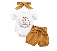 3 Piezas Conjunto Top y Pantalones Ropa Bebe Niña 0-3 meses Verano Algodon - Mono “isn't she lovely” + Pantalón Corto a Lunares + Banda de Pelo para 0-18 Meses Recien Nacido Niño (0-3 Meses, Amarillo)