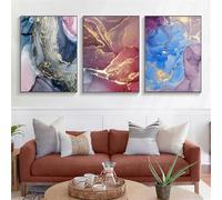 3 Piezas-Cuadro Abstracto Nórdico de Líneas Rosas y Grises Sobre Lienzo Póster Artístico de Humo Azul Dorado Impresión Pared Obra de Arte Decoración de Sala de Estar U Oficina-50*60cm (Sin marco)