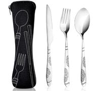 3 Piezas Cubiertos para Llevar, Cubiertos Camping de Acero Inoxidable, Juego de Cubiertos de Acero inoxidable con Cuchillos, Cuchara, Tenedores, Bolsa de Almacenamiento